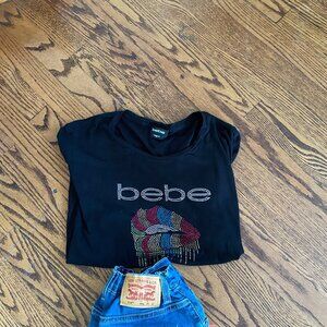Bebe Logo Rhinestone Black RayonTee W/Lips Size 2X